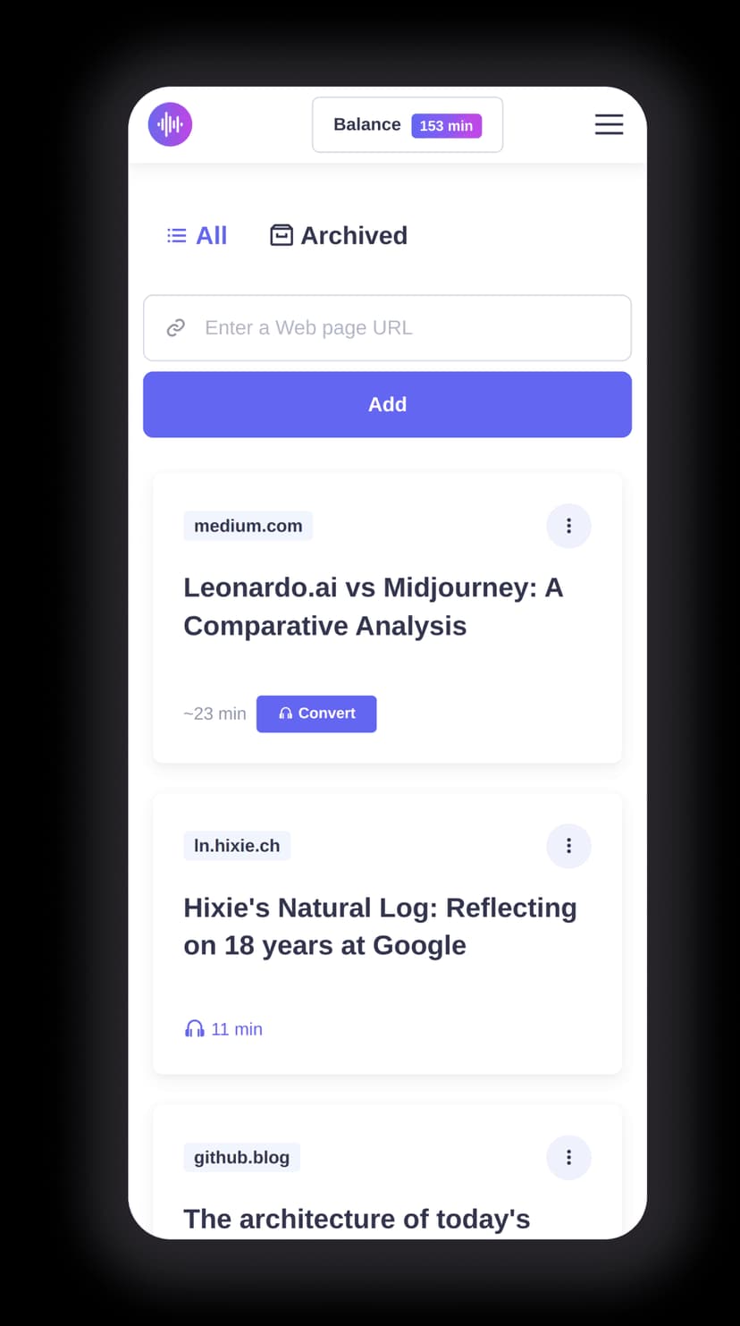 The article2audio app, showing a reading list with each article ready to convert to audio
